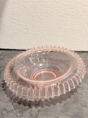 Large Pink Depression glass Decor bowl with scalloped ruffled  edges home decor